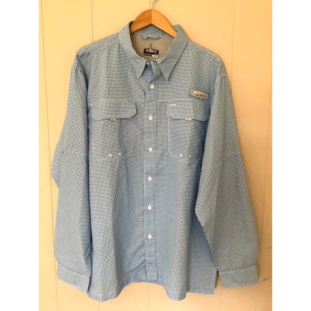 Habit 40+ Solar Factor Long Sleeve Button Up Men's XL Blue Check Fishing Shirt